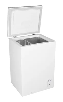 A white chest freezer with its lid open, showing the interior compartments and a wire basket.