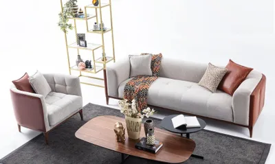 Produktbild von Modern Garnitur Dreisitzer Sessel Sofa Stoff Grau Polstersofa Set 3+1 Sitzer