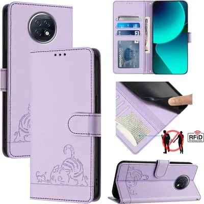 Obrázek produktu pro Kožené pouzdro pro Xiaomi Redmi Note 9T, sladká kočka Flip pouzdro s funkcí stojánku a peněženkou Fialová