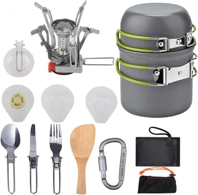 Productafbeelding van Campingkookgerei set voor 1-2 personen, draagbare pan met klapmes en vork, voor outdoor