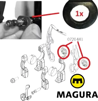 A collage of images showing bicycle brake parts, a close-up of a hand holding a component, and diagrams of brake parts with part numbers and branding.