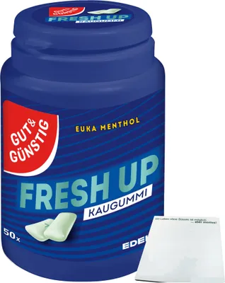 Produktbild von Gut & Günstig Kaugummi Euka-Menthol Zuckerfrei mit Menthol und Eukalyptusgeschmack (50 Stk. Dose) + usy Block
