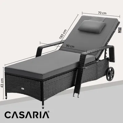 Image de Casaria® Chaise longue en polyrotin Noir Anthracite coussin 7cm 2 roulettes Max 160kg Dossier réglable Bain de soleil jardin