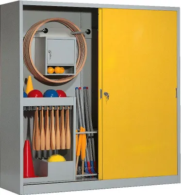 Produktbild von C+P Sportgeräteschrank mit Vollblech-Schiebetüren (Typ 5), HxBxT 195x190x60 cm, Verkehrsgelb (RAL 1023), Lichtgrau (RAL 7035), Gleichschließung