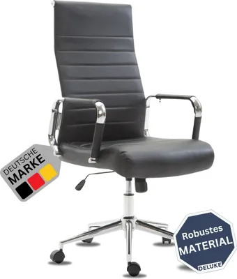 A black office chair with chrome accents is shown against a white background.