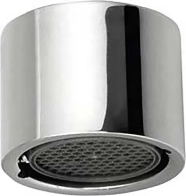 A close-up, studio shot of a chrome faucet aerator.