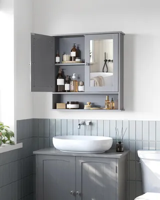 Produktbild von Badspiegelschrank - Wandmontage - 2 Spiegeltüren - Verstellbarer Einlegeboden - Stauraum - Taubengrau