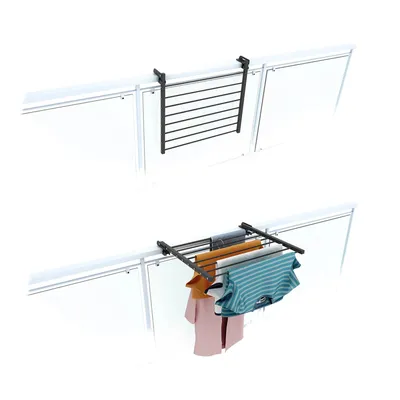 A hanging drying rack is shown attached to a railing, first empty and then with clothes on it.
