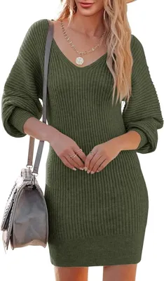Produktbild von Gestricktes Damenkleid mit V-Ausschnitt und langen Ärmeln, Mini-Pulloverkleid in Olivgrün