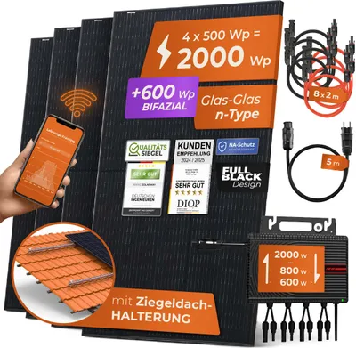 Produktbild von Solarway® Balkonkraftwerk 2000W Komplettset für Steckdose mit 600-2000W Envertech Wechselrichter Solaranlage - Ziegeldach Halterung