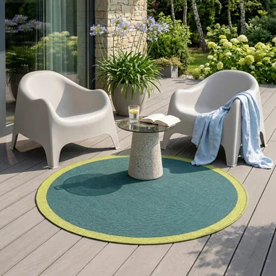 Produktbild von Outdoor-Teppich 120 cm Rund Grün - Flachgewebe & Wasserdicht - Geometrisches Muster für Balkon Terrasse Küche