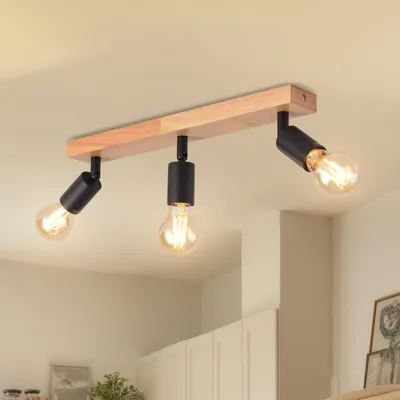 Immagine prodotto di LVWIT Plafoniera a 3 luci nere, lampada da soffitto E27, 3 faretti, lampada da soffitto in legno, faretti da soffitto E27, orientabili a 350°, adatti per soggiorno, camera da letto e cucina (senza lampadine)