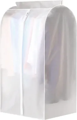 A clear, full-shot image of a garment bag containing clothes.
