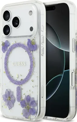 Immagine prodotto di Custodia per iPhone 17 Pro, Guess Resin Flowers Glitter con MagSafe, viola con motivo floreale