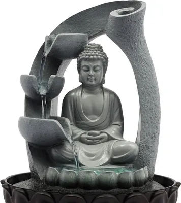 Produktbild von Buddha Zimmerbrunnen - Tischbrunnen - LED-Beleuchtung - EU-Stecker 220–240 V - IPX8 - 21×28 cm - Kunstharz - 2,5 W - Grau