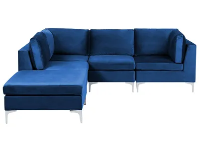 Produktbild von BELIANI Modulares Ecksofa mit Ottomane rechtsseitig Blau Polsterbezug aus Samtstoff 4-Sitzer mit Metallgestell Silber Wohnzimmer Salon Möbel