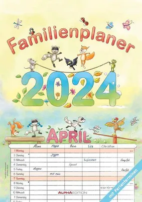 Produktbild von Familienplaner Cartoon 2024 - Familienkalender A3 (29,7x42 cm) - mit 6 Spalten, Ferienterminen (DE/AT/CH) und viel Platz für Notizen - Wandkalender