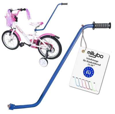 Produktbild von MILLYBO Fahrrad Schubstange für Kinderfahrrad 12–20 Zoll, Fahrrad Lernhilfe, Elternstange, Schiebehilfe Fahrrad, Kinder Fahrradstange, Blau