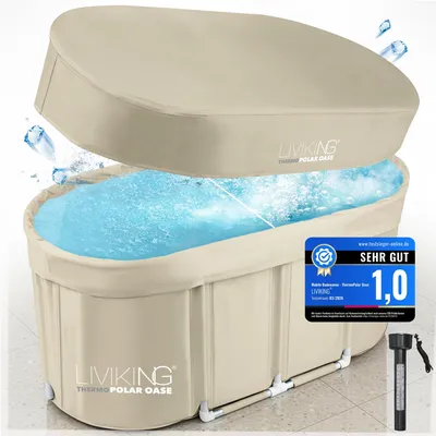 Produktbild von LIVIKING® Eisbad + Faltbare Badewanne Erwachsene [120cm - 2in1 KOMFORT KOMPLETTSET] Eisbaden Tonne, Mobile Badewanne Outdoor & Eistonne