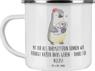 Produktbild von Mr. & Mrs. Panda Teetasse Babysitter Dank - Weiß - Geschenk, Liebe, Danke sagen, Anerkennung, Aufmerksamkeit, Babysitting, Emaille Tasse, Babysitterin, Fürsorge, Becher