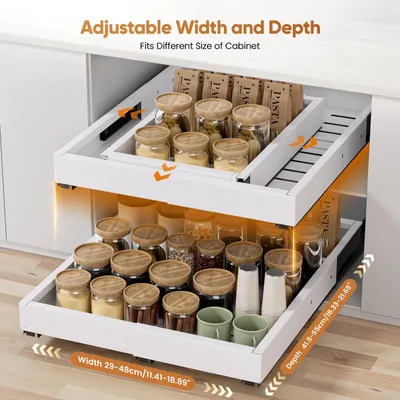 Image de Organisateur pour placard de cuisine - Lot de 2 paniers de rangement coulissants - Taille réglable - En plastique - Sans perçage - Pour placard de cuisine, garde-manger, salle de bains
