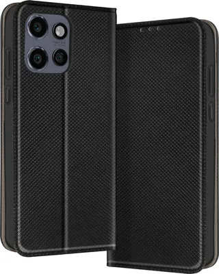 A black flip case for a smartphone, shown open.