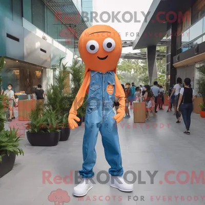 Produktbild von Orange REDBROKOLY Squid Maskottchen Kostüm Charakter gekleidet mit einem Jeanshemd und Fußkettchen