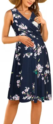 Produktbild von Schwangerschaftskleid – Bequemes Material – Ärmellos – Blumenmuster – Krankenschwesterkleid – Stillkleid – Empire-Schnitt – Krankenpflegekleid