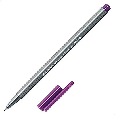 A single purple Staedtler fineliner pen with its cap off, placed diagonally on a white background.