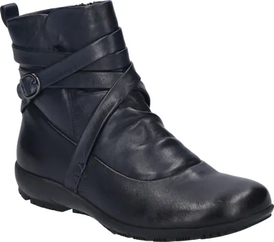 A single blue leather boot with straps and a buckle.