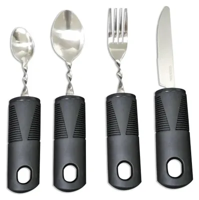 Produktbild von 4 teiliges Parkinson Besteck, Hilfsbesteck für Senioren, Edelstahl, Anti-Rutsch Griff