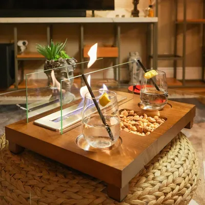 Produktbild von Double T Concept® Indoor Feuersäule Dekokamin Tischkamin Dekofeuer Tischfeuer Terrassenkamin Cosmo Walnut Bioethanol Holz Servierbrett Lagerfeuer