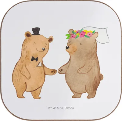 Produktbild von Mr. & Mrs. Panda Untersetzer für Gläser Bären Heirat - Weiß - Geschenk, Hochzeitsgeschenk, gläseruntersetzer, Holzuntersetzer, Coaster, Getränkeuntersetzer, Glas, Trauung