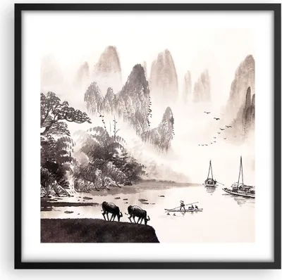Produktbild von Gerahmtes Poster - Schwarzer Rahmen - Chinesisch Landschaft Aquarell - 50x50 cm - Wand Bild - Wanddeko - Wandbilder - Wandposter - Bilderrahmen - Bilder - Kunstdruck - Wandbild - P2BAC50x50-4265