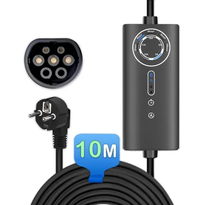 Image de Câble de charge Mode 2, 3,5 kW (16A), avec prise Schuko, 10 mètres, réglable sur 5 niveaux : 6A/8A/10A/13A/16A, câble de charge de type 2 pour véhicule électrique, couleur noire