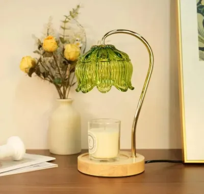 Produktbild von Kerzenwärmerlampe, Blumenkerzenwärmer mit Timer und 2 Glühbirnen, dimmbarer elektrischer Wachsschmelzwärmer für Glaskerzen, Vintage-Raumdekor (grün)