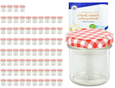 Produktbild von 75er Set Sturzglas 167 ml To 66 rot karierter Deckel Einmachgläser Einkochgläser incl. Rezeptheft