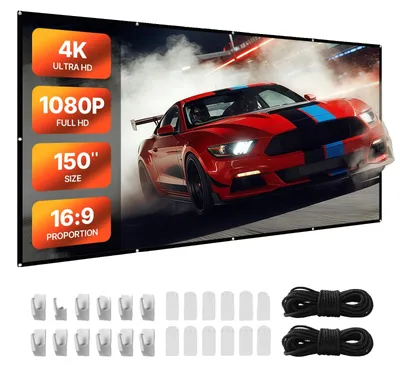 Obrázok produktu pre Projekčné plátno VEVOR s ručným premietaním, 150" 16:9 4K 1080 HD, nástenné projekčné plátno s 12 háčikmi a obojstrannými lepiacimi páskami, premietanie filmov pre domáce kino