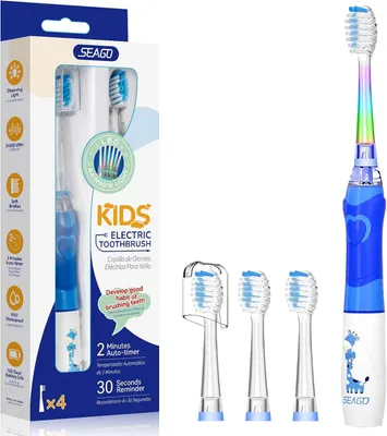 Produktbild von Elektrische Kinderzahnbürste 3-12 Jahre LED Licht Smart Timer 24000 VPM IPX7 Schallzahnbürste mit 4 Bürstenköpfen weiche Borsten Batteriebetrieb