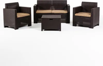 Produktbild von Garten-Loungeset aus Rattanoptik-Harz mit 2-Sitzer-Sofa, 2 Sesseln und Aufbewahrungstisch – leicht, pflegeleicht und mit abnehmbaren Kissen, ideal für Garten, Terrasse und Balkon – SALINA – Mokka
