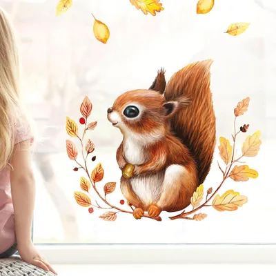 Productafbeelding van Raamdecoratie: Herfst, een eekhoorn op een krans van bladeren en eikels. Herbruikbare raamstickers voor kinderkamer, babykamer of speelkamer. Herfstbladeren, 1 A4-vel