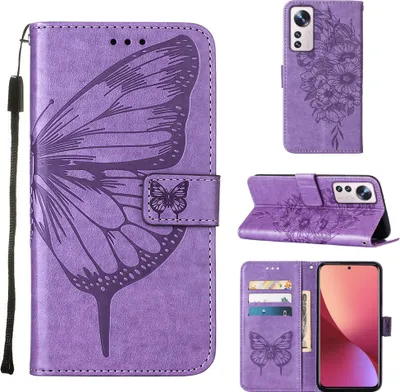 Collage of images showing a purple butterfly-embossed flip leather phone case for a Xiaomi 12.
