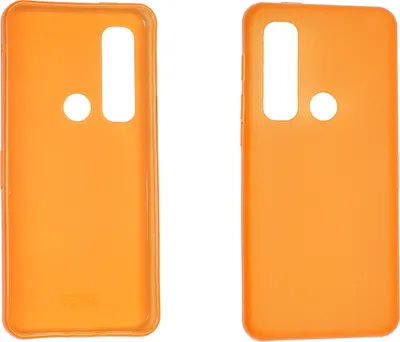 Two orange phone cases shown side-by-side against a white background.