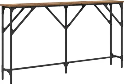 A long, narrow console table with a wooden top and a black metal frame.