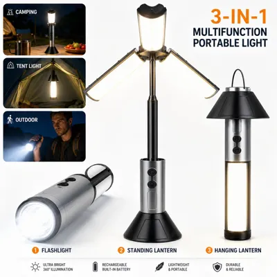 Produktbild von 3-in-1einziehbare Campingleuchte,tragbare faltbare Campingleuchte,kabellose Taschenlampe,Campingausrüstung,3000mAh LED-Multifunktionslaterne mit Haken