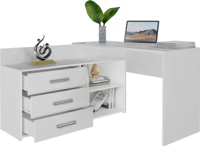 Produktbild von MIKOL L-förmiger Schreibtisch, modern, Weiß, mit 3 geräumigen Schubladen, aus laminierter Spanplatte & ABS-Kunststoff, B 120 x H 76 x T 50 cm, für Büro, Home Office, Kinderzimmer & Gaming