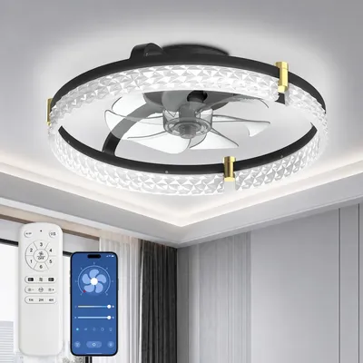 Obrázok produktu pre Stropný ventilátor, priemer 48 cm, tichý motor, s osvetlením a diaľkovým ovládaním, čierna kovová konštrukcia