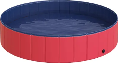 Produktbild von Hundebadewanne faltbar Badewanne Hundepool Plantschbecken Swimmingpool Wasserbecken für Hunde und Katzen Schwimmbecken Kunststoff+Holz Rot Ø140 x H30 cm