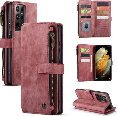 Obrázek produktu pro Pouzdro na mobilní telefon Galaxy S21 Ultra 5G, zapínání na zip,Polyuretankožený flipový kryt, magnetické zapínání, držák na karty, funkce stojánku, peněženka, ochranné pouzdro pro Samsung Galaxy S21 Ultra 5G, červené barvy