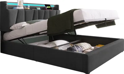 Zdjęcie produktu dla Łóżko tapicerowane z funkcją ładowania USB, zagłówkiem do przechowywania i oświetleniem LED, łóżko podwójne 140x200 cm, rama łóżka do przechowywania (bez materaca)